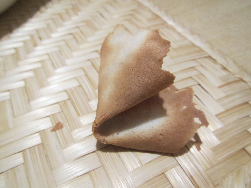 A homemade fortune cookie - they are not that easy to make (they like to break when folding) but you can customize the saying inside and they are tastier than the store-bough (and you can't buy them here anyway).